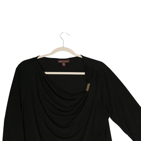Dana Buchman Tunic Blouse Womens XL Black Draped Neckline Gold Detail Stretch - Picture 3 of 9
